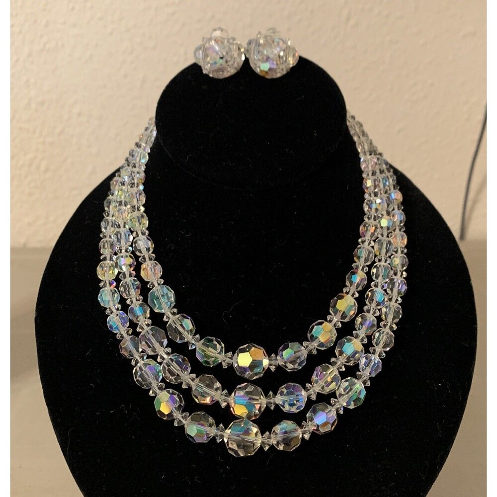 Vintage Triple Strand Graduated AB Crystal Beaded Choker Necklace Clip Earrings